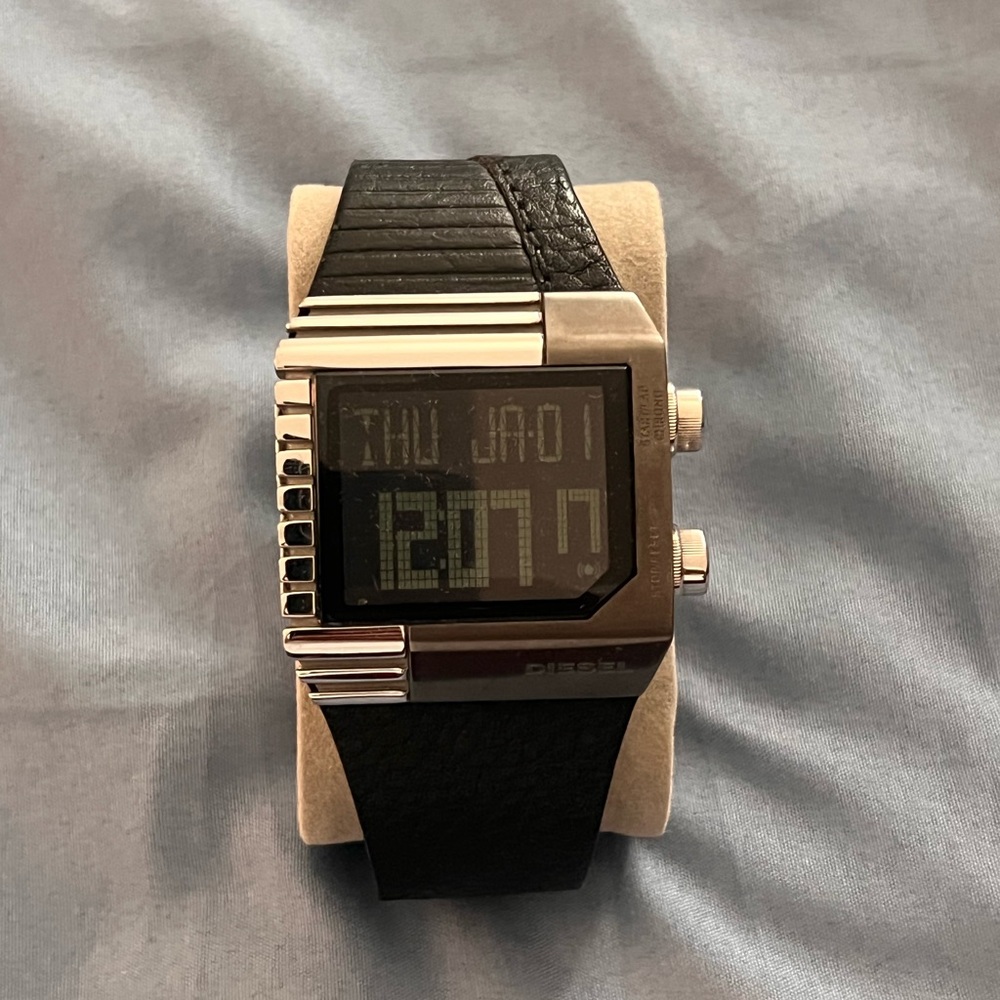 Diesel Silver Digital Watch with Black Leather Strap